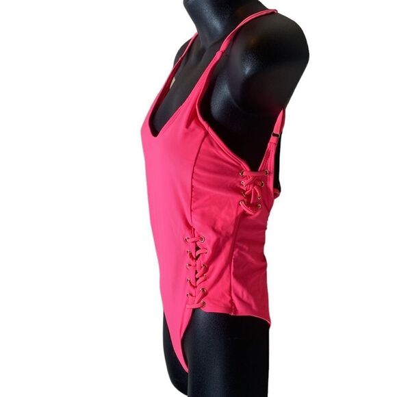 Tinibikini hot pink open back lace up front and side one piece bathing suit med - Picture 3 of 6